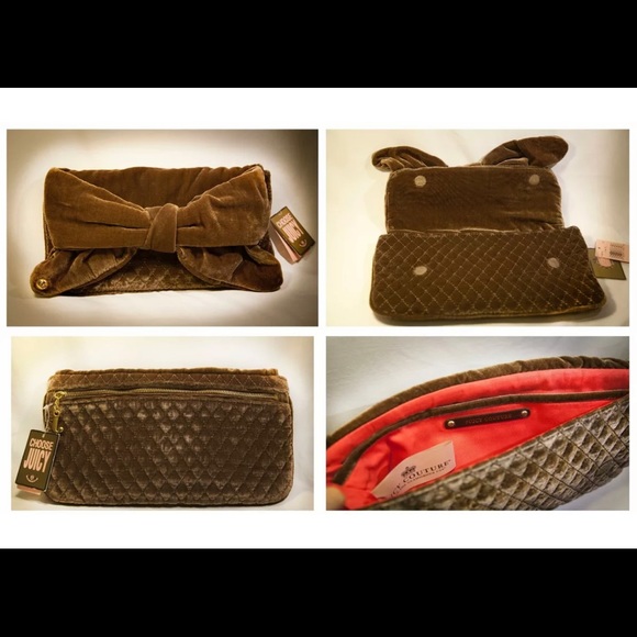 JUICY COUTURE Caramel Brown Bow Quilted Bag Velour Clutch Purse Handbag $198 NWT - Picture 2 of 5